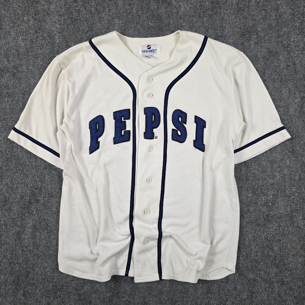 Pepsi Generation Next Polyester Cotton Baseball Jersey White Blue Applique